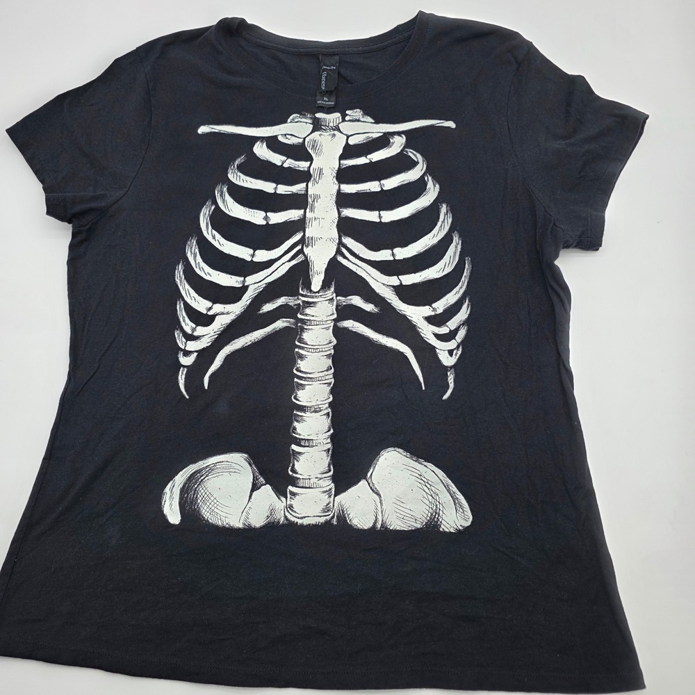 Hanes  Skeleton Rib Cage Tee WMN XL Black Short Sleeve Cotton Graphic Halloween